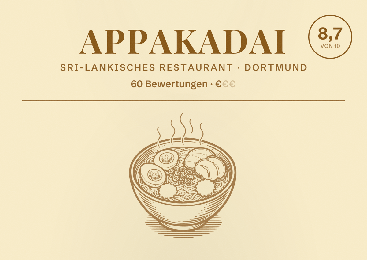 Illustriertes Poster von Appakadai, Sri-Lankisches Restaurant in Dortmund: Gästebewertung 8,7 von 10 aus 60 Bewertungen