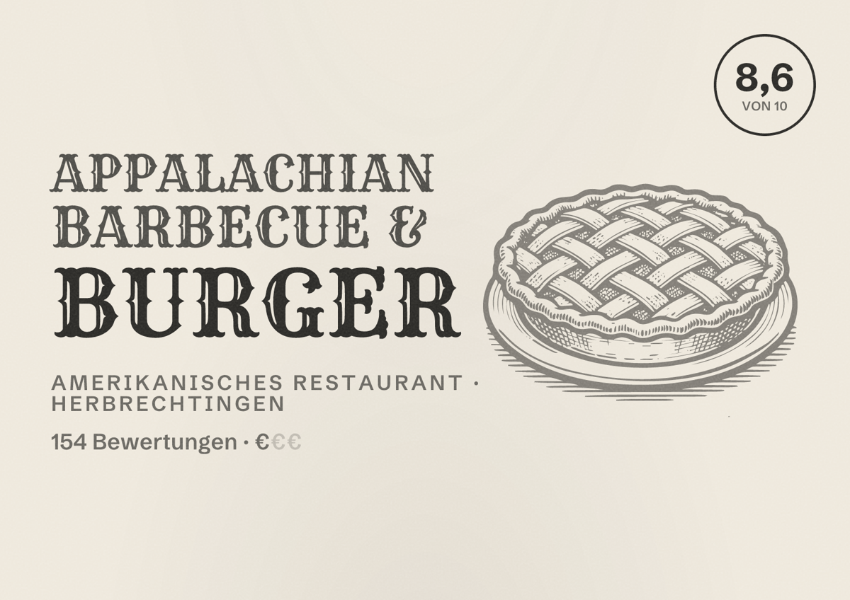Illustriertes Poster von Appalachian Barbecue & Burger, Amerikanisches Restaurant in Herbrechtingen: Bewertung 8,6 von 10 aus 154 Bewertungen, Preisniveau €