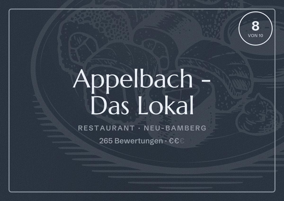 Illustriertes Poster von Appelbach - Das Lokal, Restaurant in Neu-Bamberg: Bewertung 8 von 10 aus 265 Bewertungen, Preisniveau €€
