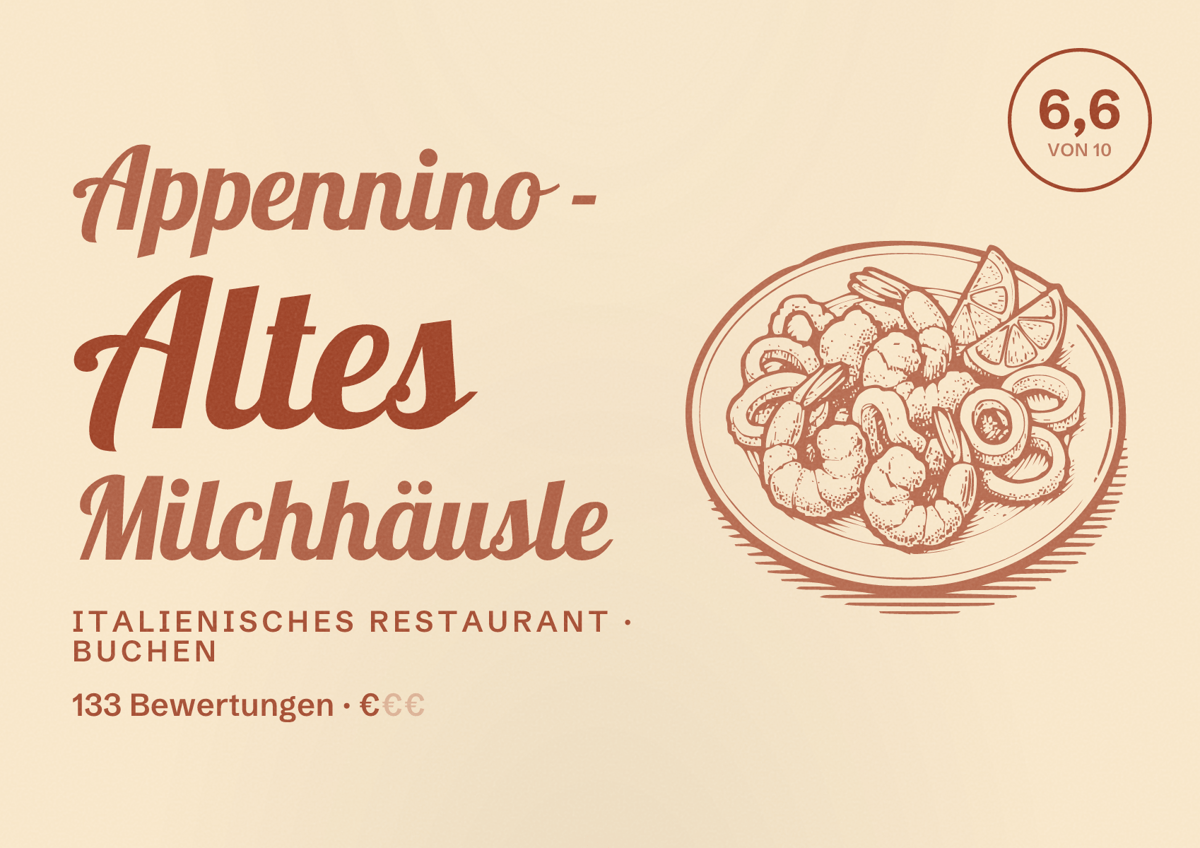 Illustriertes Poster von Appennino - Altes Milchhäusle, Italienisches Restaurant in Buchen: Bewertung 6,6 von 10 aus 133 Bewertungen, Preisniveau €
