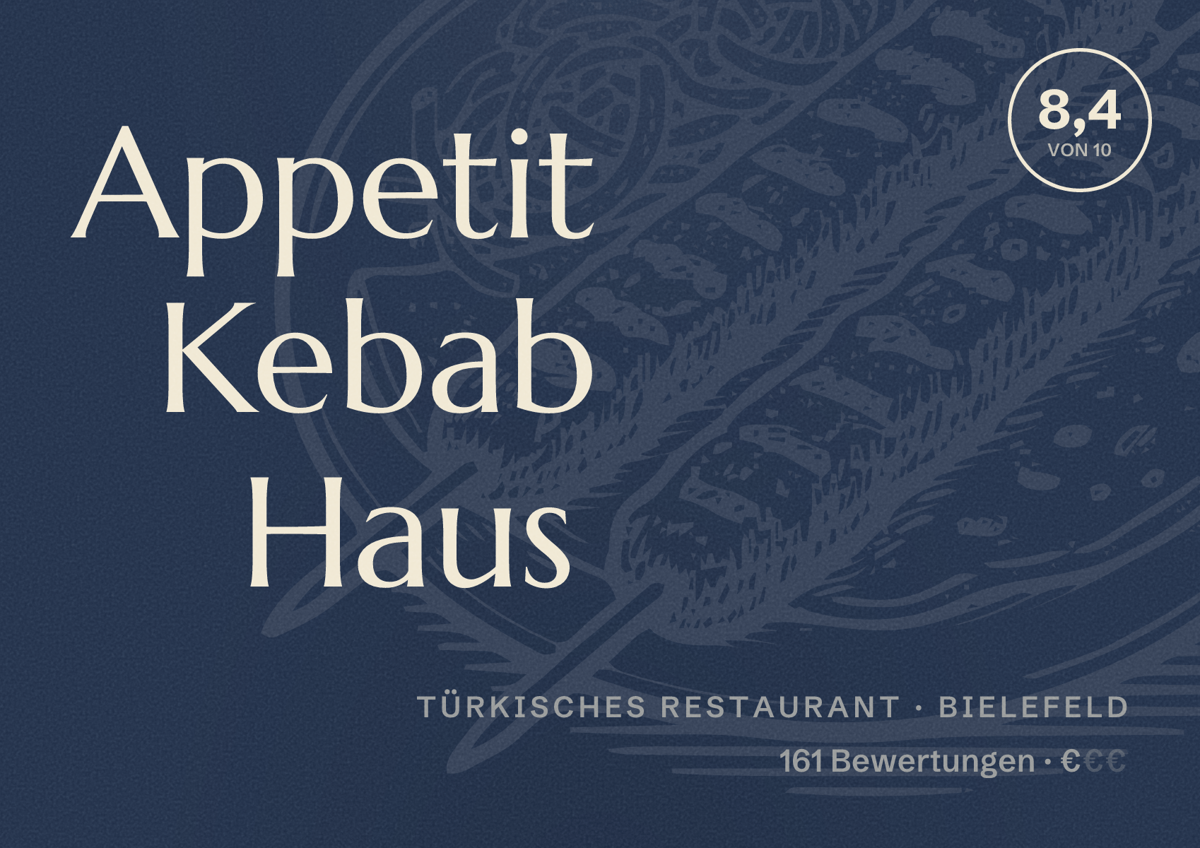 Illustriertes Poster von Appetit Kebab Haus, Türkisches Restaurant in Bielefeld: Bewertung 8,4 von 10 aus 161 Bewertungen, Preisniveau €