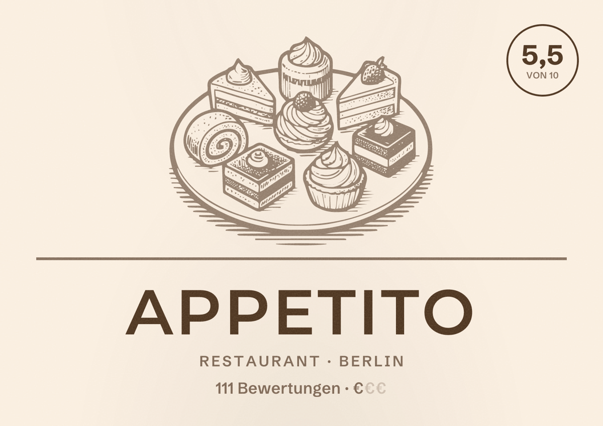 Illustriertes Poster von Appetito, Restaurant in Berlin: Bewertung 5,5 von 10 aus 111 Bewertungen, Preisniveau €