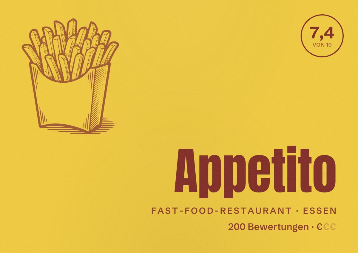 Illustriertes Poster von Appetito, Fast-Food-Restaurant in Essen: Bewertung 7,4 von 10 aus 200 Bewertungen, Preisniveau €