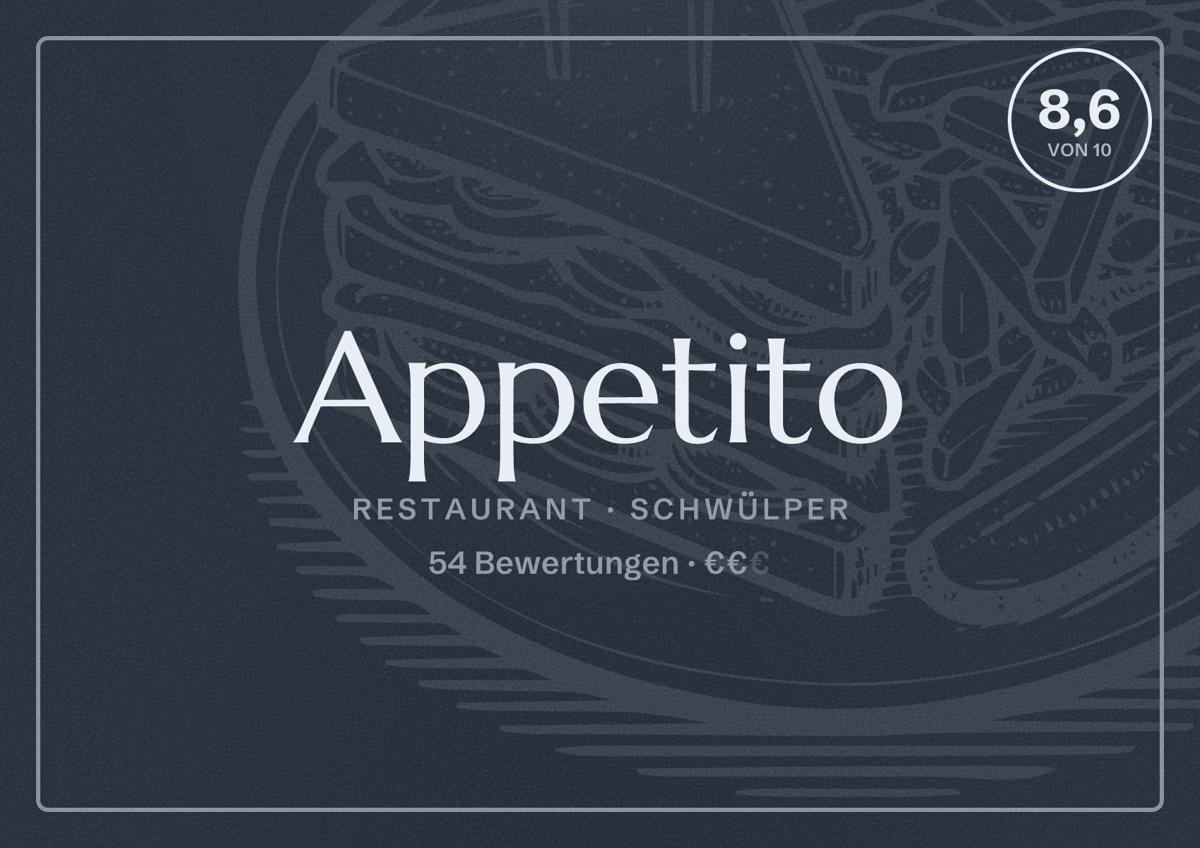 Illustriertes Poster von Appetito, Restaurant in Schwülper: Bewertung 8,6 von 10 aus 54 Bewertungen, Preisniveau €€