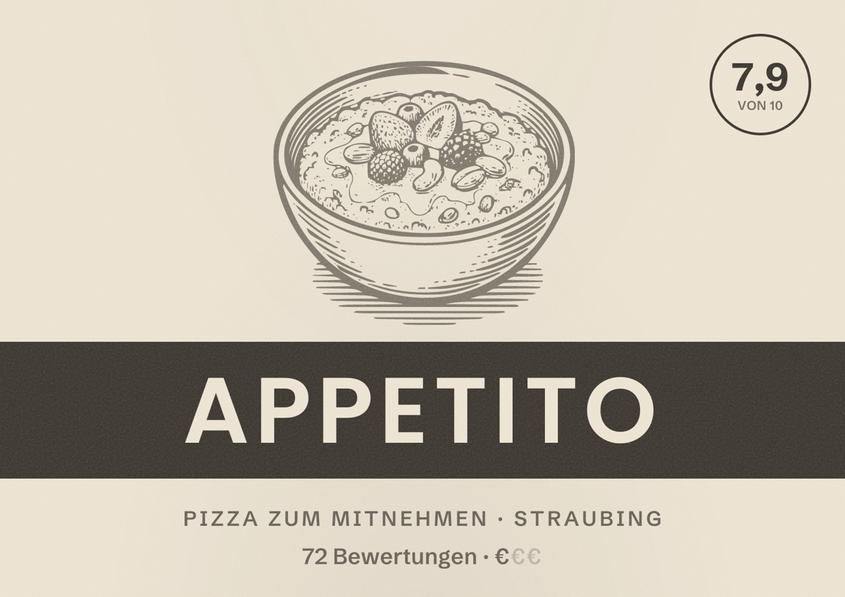 Illustriertes Poster von Appetito, Pizza zum Mitnehmen in Straubing: Bewertung 7,9 von 10 aus 72 Bewertungen, Preisniveau €