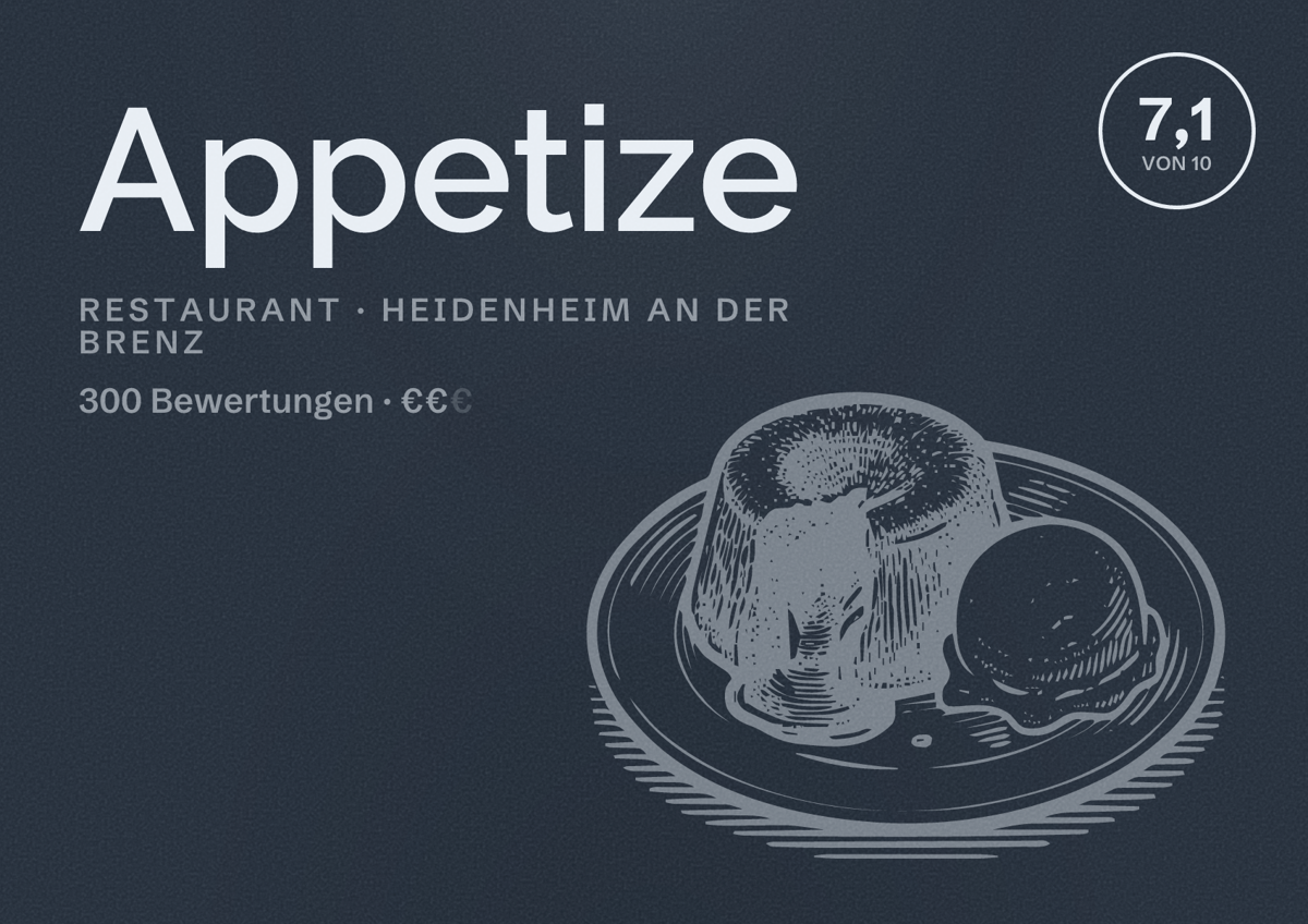 Illustriertes Poster von Appetize, Restaurant in Heidenheim an der Brenz: Bewertung 7,1 von 10 aus 300 Bewertungen, Preisniveau €€
