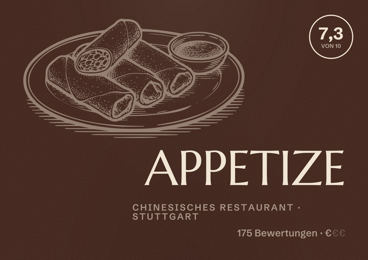 Illustriertes Poster von APPETIZE, Chinesisches Restaurant in Stuttgart: Bewertung 7,3 von 10 aus 175 Bewertungen, Preisniveau €
