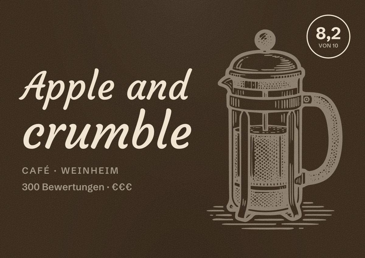 Illustriertes Poster von Apple and crumble, Café in Weinheim: Bewertung 8,2 von 10 aus 300 Bewertungen, Preisniveau €€€