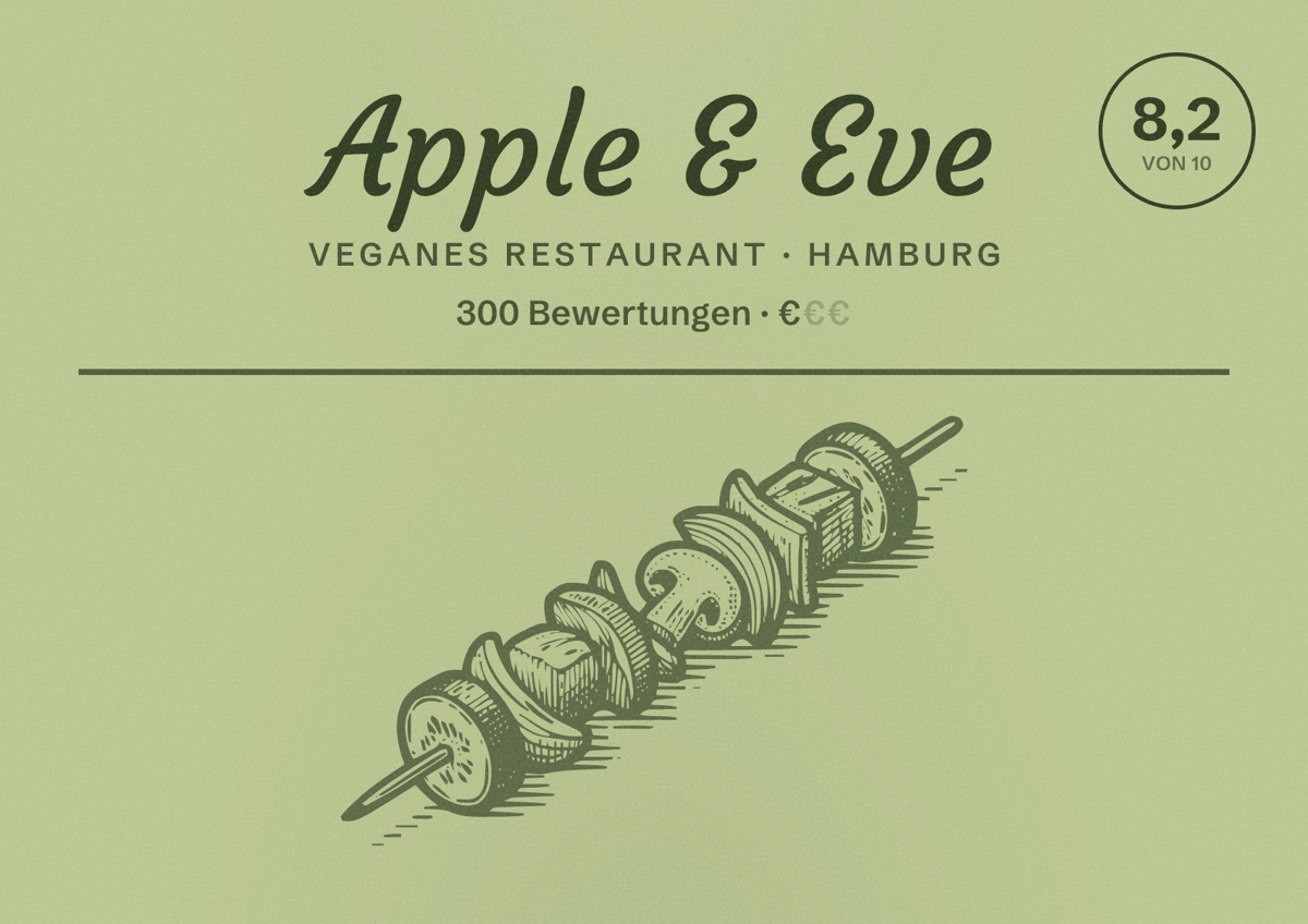 Illustriertes Poster von Apple & Eve, Veganes Restaurant in Hamburg: Bewertung 8,2 von 10 aus 300 Bewertungen, Preisniveau €