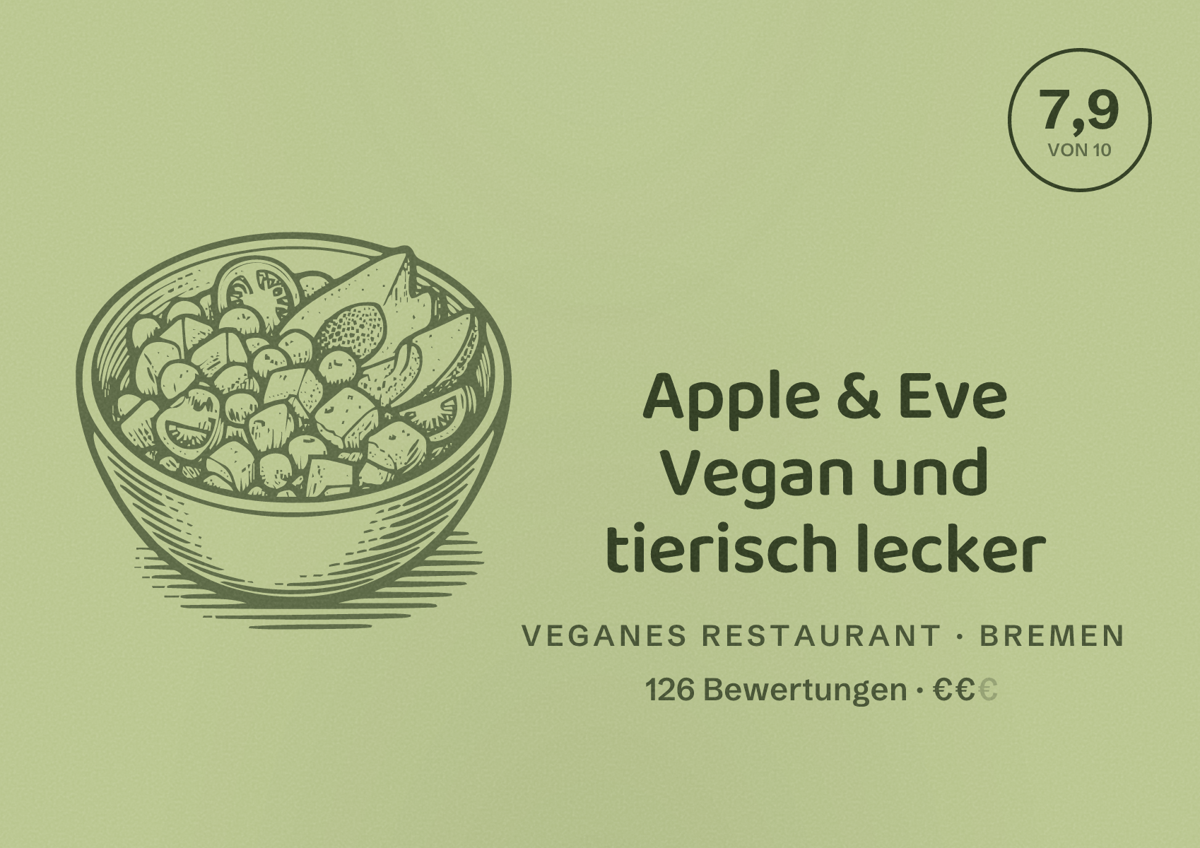 Illustriertes Poster von Apple & Eve Vegan und tierisch lecker, Veganes Restaurant in Bremen: Bewertung 7,9 von 10 aus 126 Bewertungen, Preisniveau €€