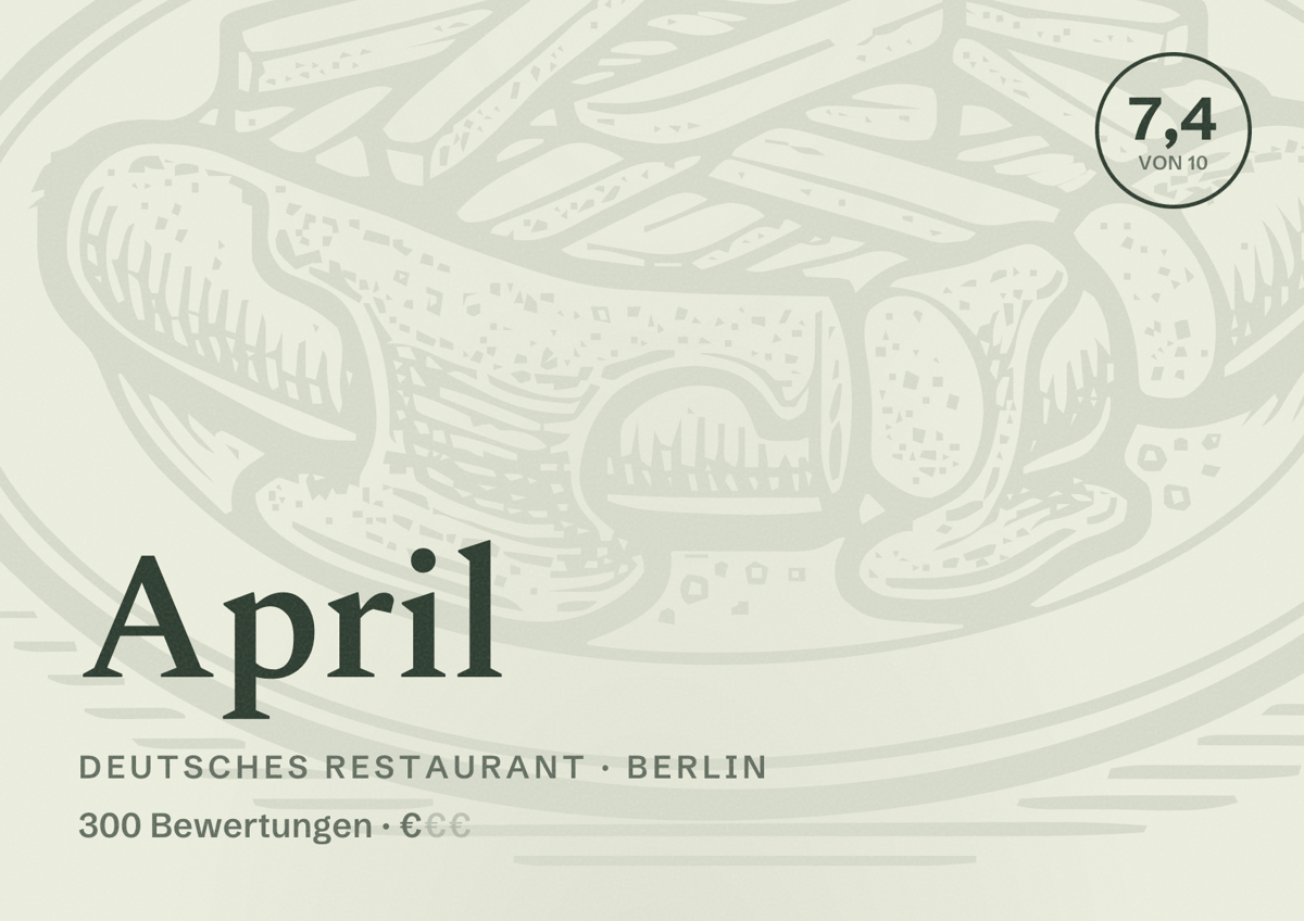 Illustriertes Poster von April, Deutsches Restaurant in Berlin: Bewertung 7,4 von 10 aus 300 Bewertungen, Preisniveau €