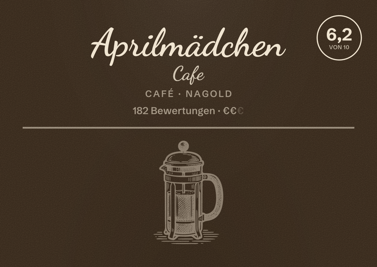 Illustriertes Poster von Aprilmädchen Cafe, Café in Nagold: Bewertung 6,2 von 10 aus 182 Bewertungen, Preisniveau €€