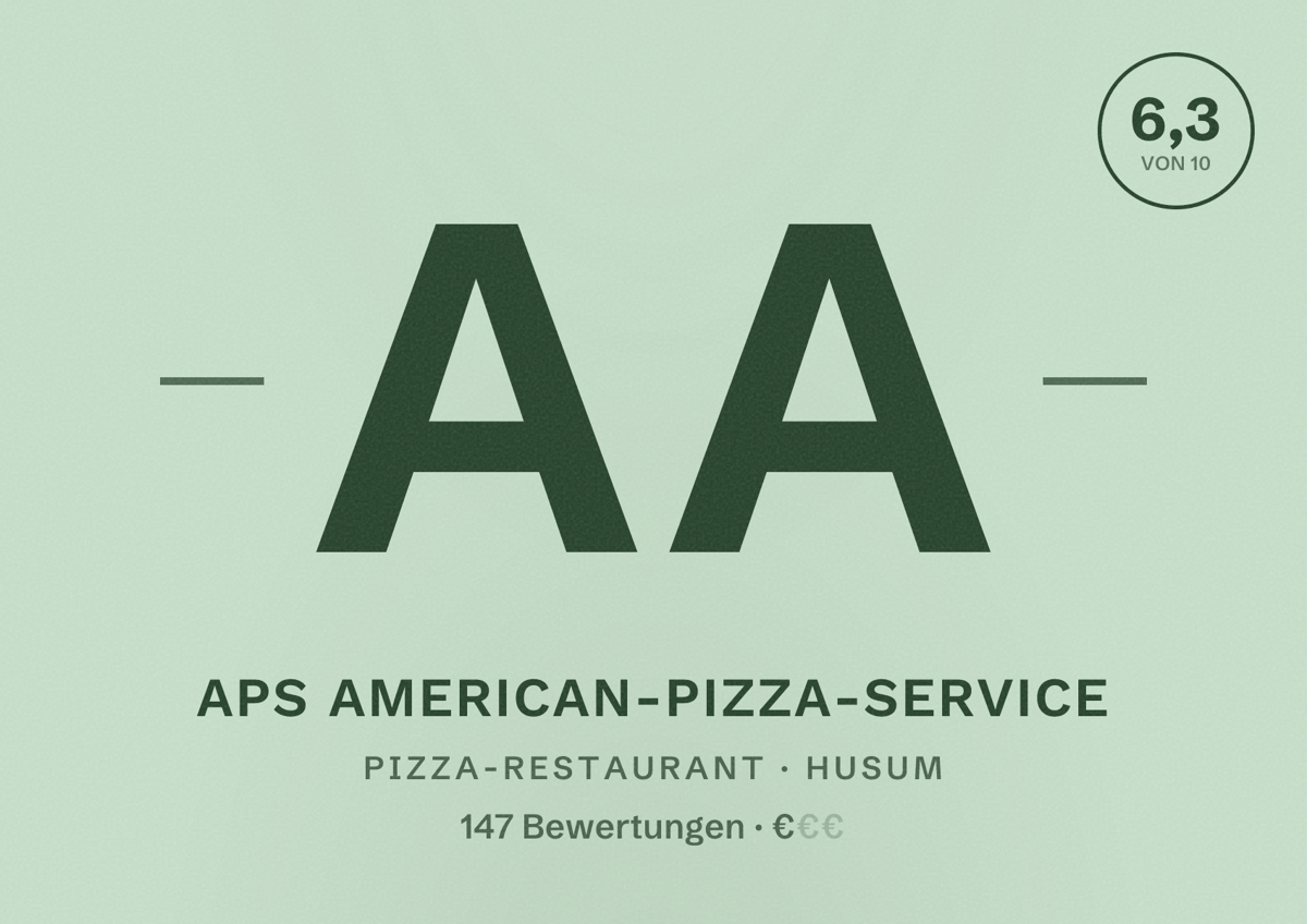 Illustriertes Poster von APS American-Pizza-Service, Pizza-Restaurant in Husum: Bewertung 6,3 von 10 aus 147 Bewertungen, Preisniveau €