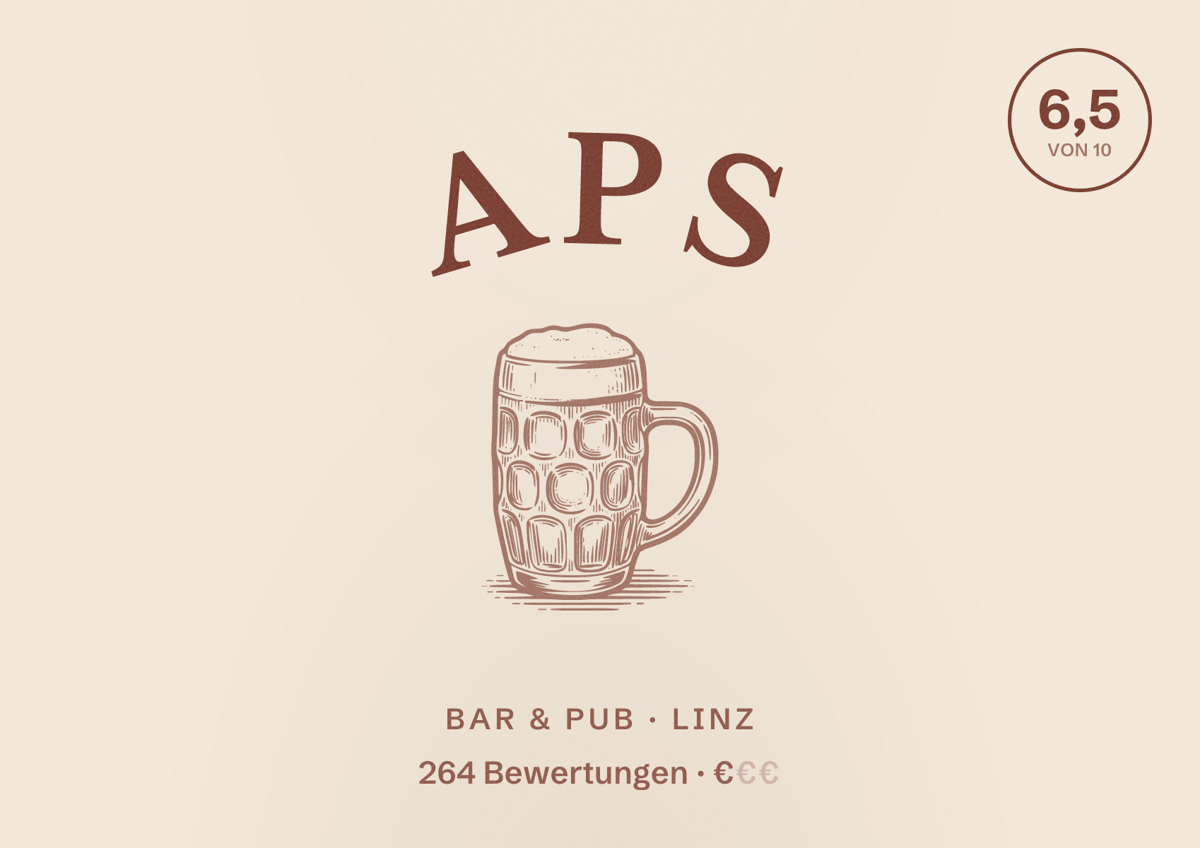 Illustriertes Poster von Aps, Bar & Pub in Linz: Bewertung 6,5 von 10 aus 264 Bewertungen, Preisniveau €