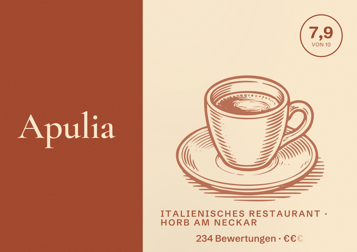 Illustriertes Poster von Apulia, Italienisches Restaurant in Horb am Neckar: Bewertung 7,9 von 10 aus 234 Bewertungen, Preisniveau €€