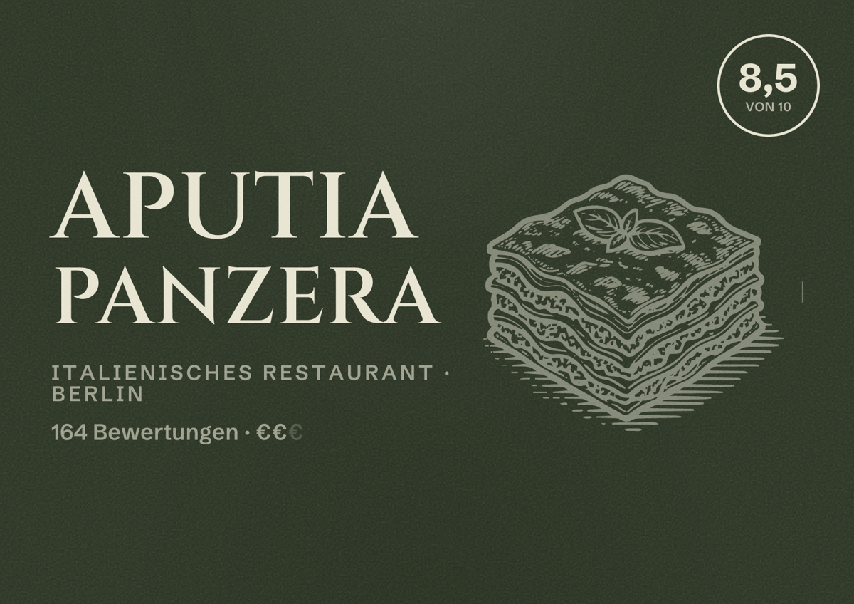 Illustriertes Poster von Aputia Panzera, Italienisches Restaurant in Berlin: Bewertung 8,5 von 10 aus 164 Bewertungen, Preisniveau €€