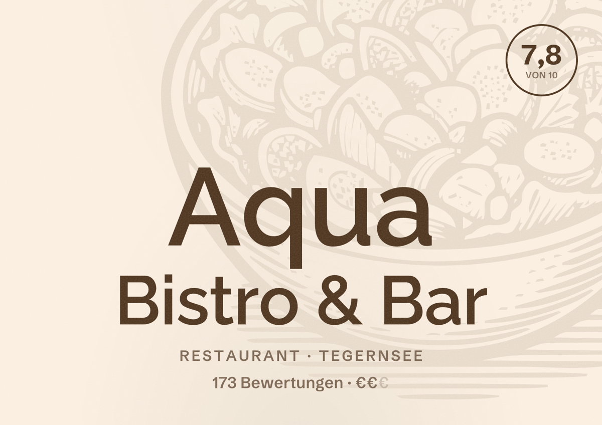 Illustriertes Poster von Aqua Bistro & Bar, Restaurant in Tegernsee: Bewertung 7,8 von 10 aus 173 Bewertungen, Preisniveau €€