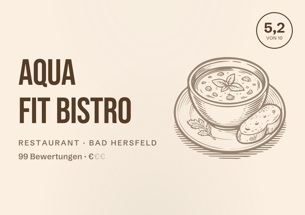 Illustriertes Poster von Aqua Fit Bistro, Restaurant in Bad Hersfeld: Bewertung 5,2 von 10 aus 99 Bewertungen, Preisniveau €
