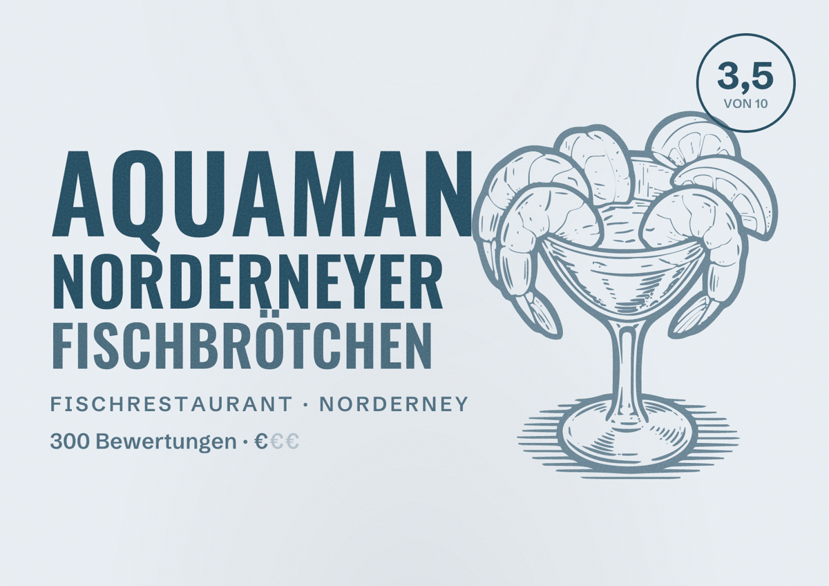 Illustriertes Poster von Aquaman Norderneyer Fischbrötchen, Fischrestaurant in Norderney: Bewertung 3,5 von 10 aus 300 Bewertungen, Preisniveau €
