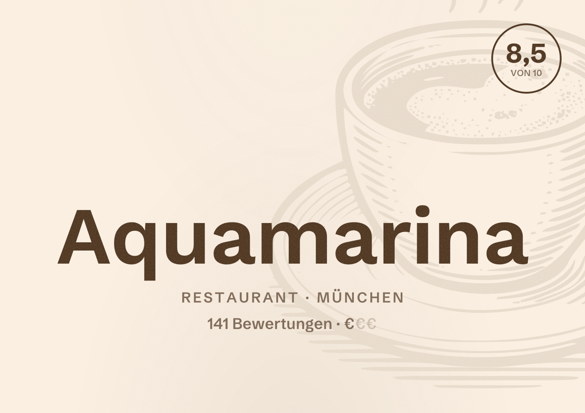 Illustriertes Poster von Aquamarina, Restaurant in München: Bewertung 8,5 von 10 aus 141 Bewertungen, Preisniveau €