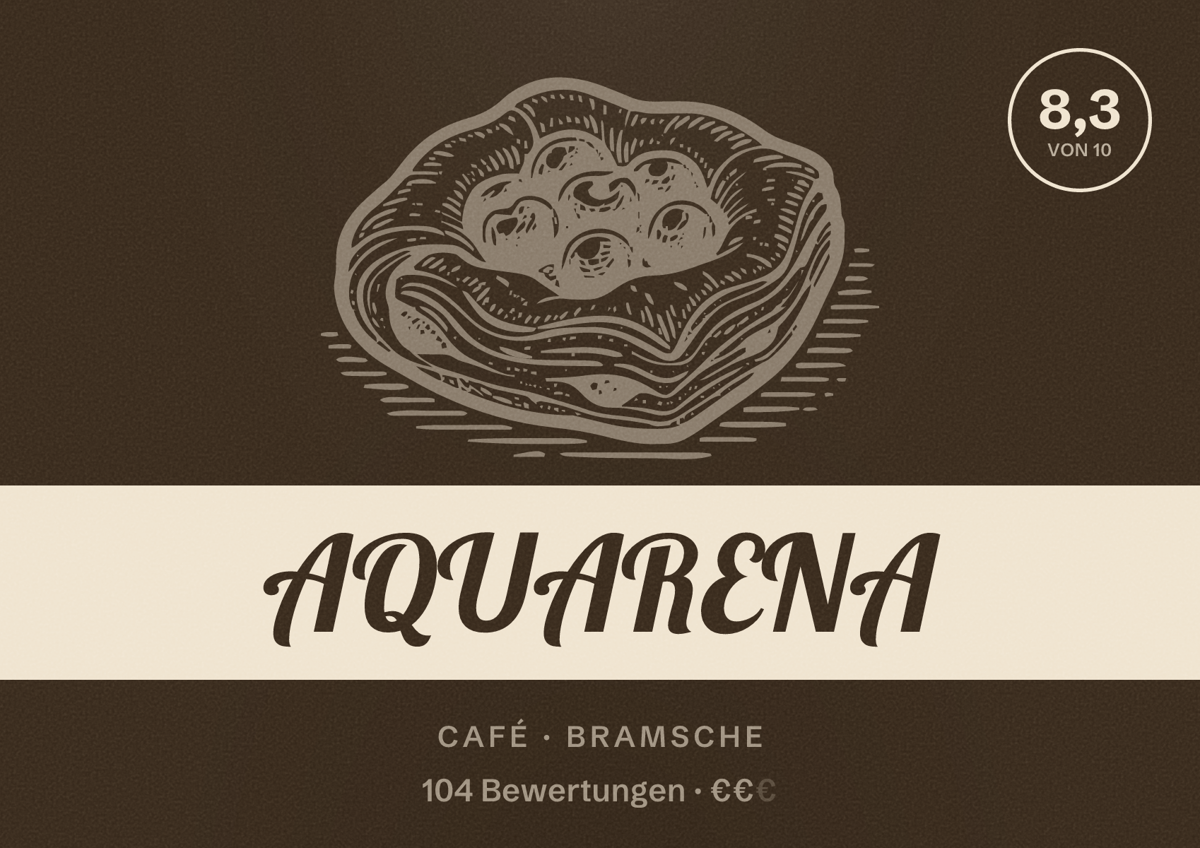 Illustriertes Poster von AQUARENA, Café in Bramsche: Bewertung 8,3 von 10 aus 104 Bewertungen, Preisniveau €€