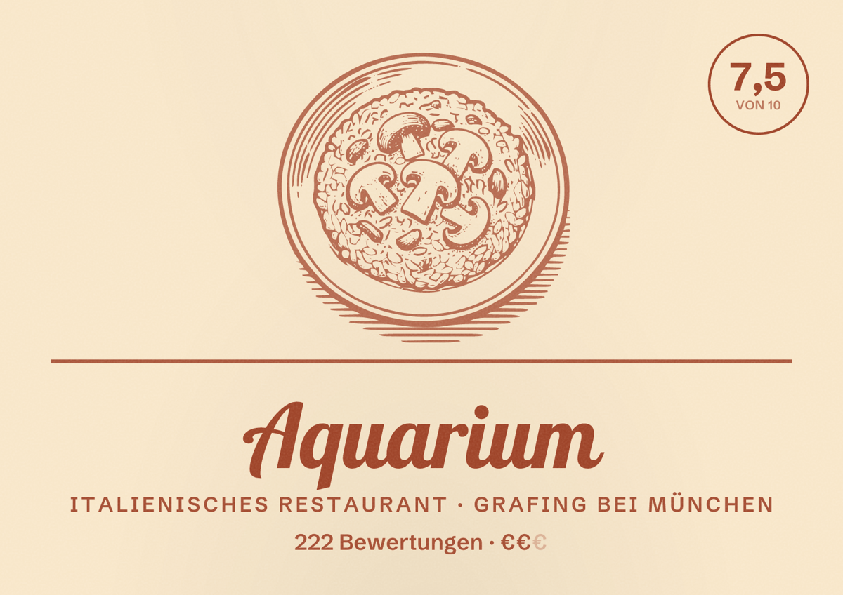 Illustriertes Poster von Aquarium, Italienisches Restaurant in Grafing bei München: Bewertung 7,5 von 10 aus 222 Bewertungen, Preisniveau €€