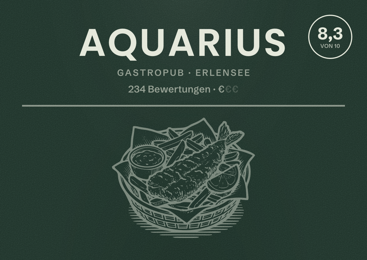 Illustriertes Poster von Aquarius, Gastropub in Erlensee: Bewertung 8,3 von 10 aus 234 Bewertungen, Preisniveau €