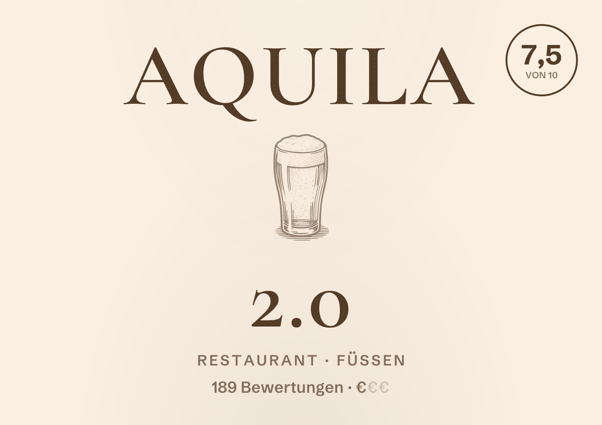 Illustriertes Poster von Aquila 2.0, Restaurant in Füssen: Bewertung 7,5 von 10 aus 189 Bewertungen, Preisniveau €