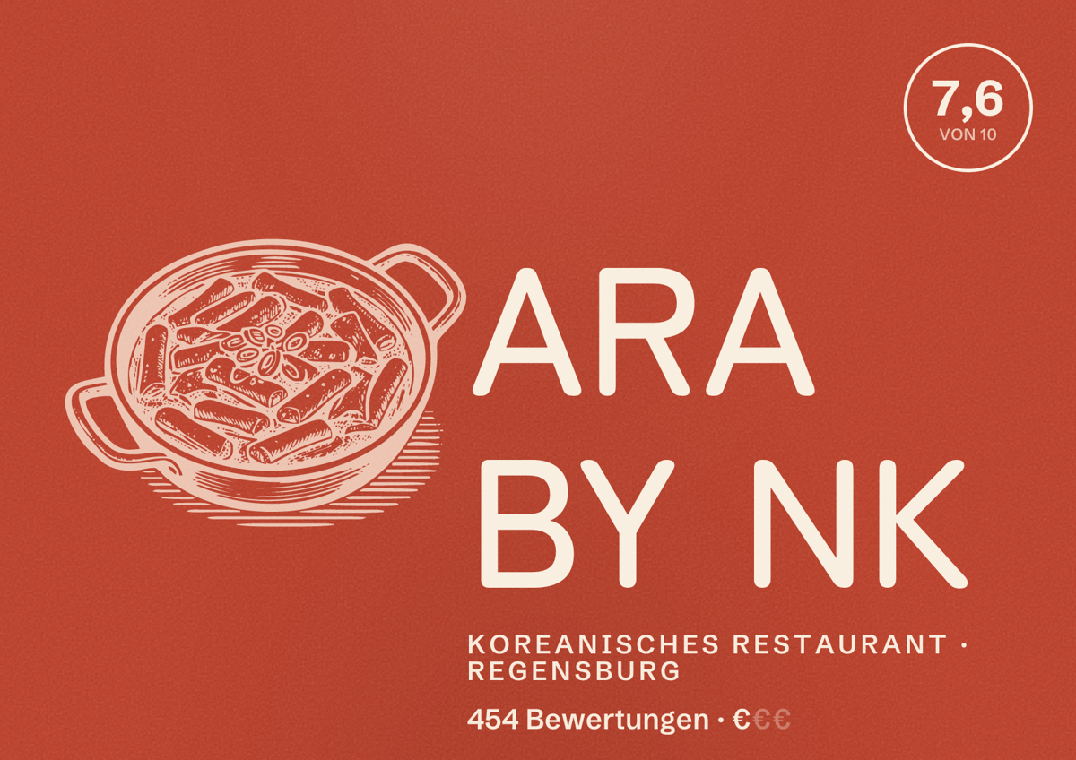 Illustriertes Poster von ARA BY NK, Koreanisches Restaurant in Regensburg: Bewertung 7,6 von 10 aus 454 Bewertungen, Preisniveau €