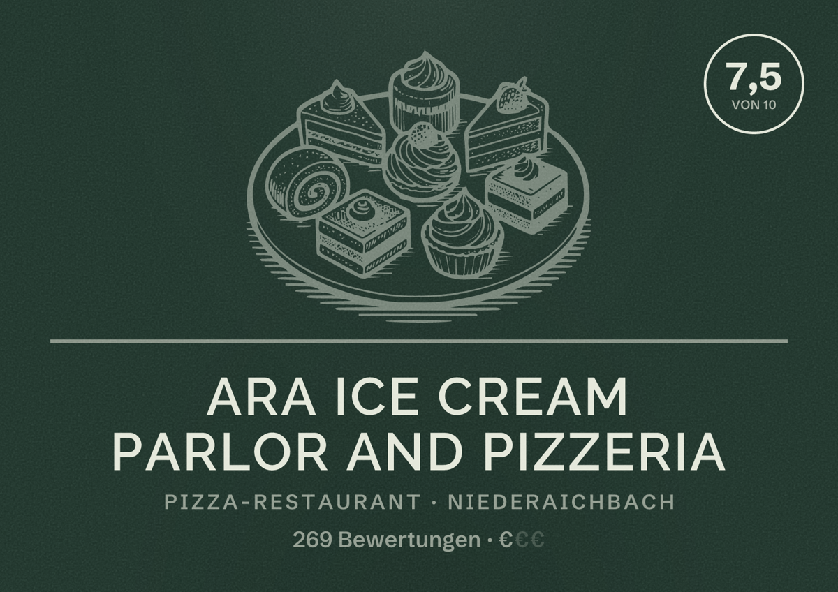 Illustriertes Poster von ARA ice cream parlor and pizzeria, Pizza-Restaurant in Niederaichbach: Bewertung 7,5 von 10 aus 269 Bewertungen, Preisniveau €