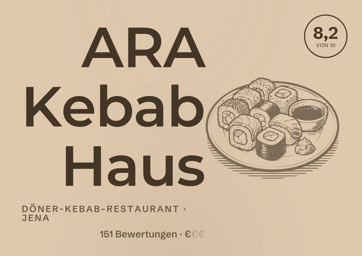 Illustriertes Poster von ARA Kebab Haus, Döner-Kebab-Restaurant in Jena: Bewertung 8,2 von 10 aus 151 Bewertungen, Preisniveau €