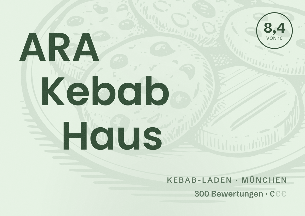 Illustriertes Poster von ARA Kebab Haus, Kebab-Laden in München: Bewertung 8,4 von 10 aus 300 Bewertungen, Preisniveau €