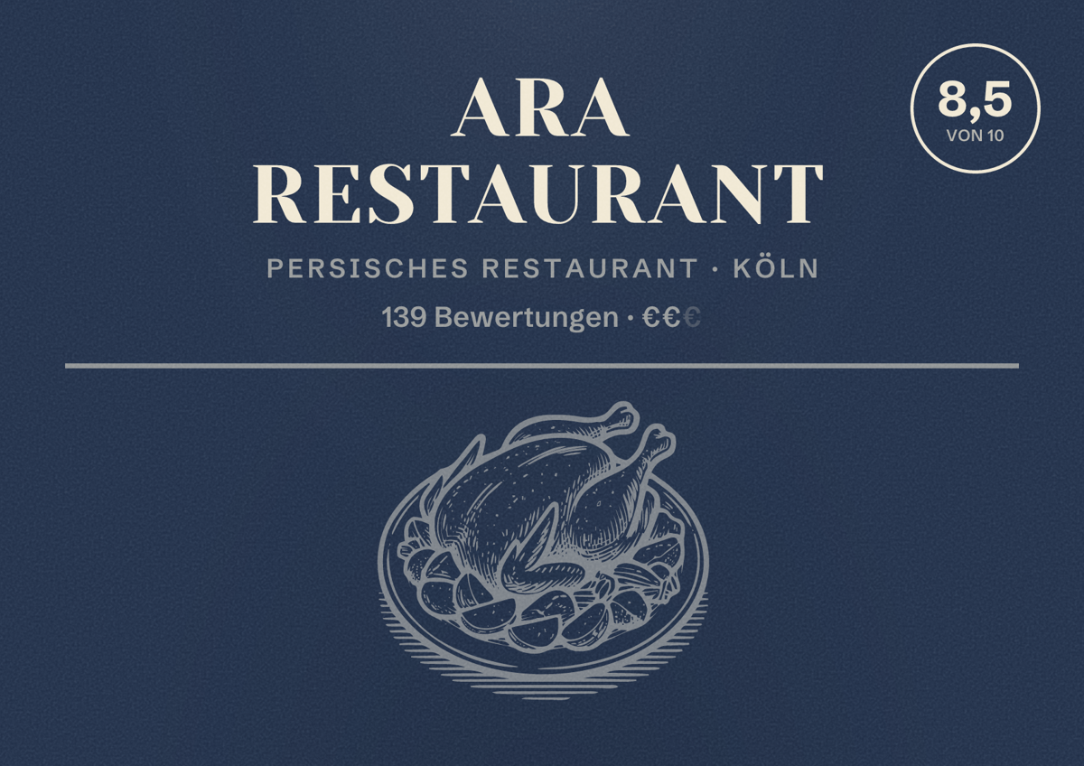 Illustriertes Poster von Ara Restaurant, Persisches Restaurant in Köln: Bewertung 8,5 von 10 aus 139 Bewertungen, Preisniveau €€