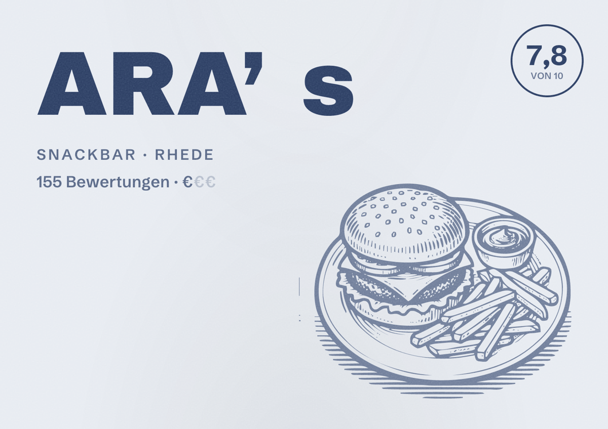 Illustriertes Poster von ARA’ s, Snackbar in Rhede: Bewertung 7,8 von 10 aus 155 Bewertungen, Preisniveau €