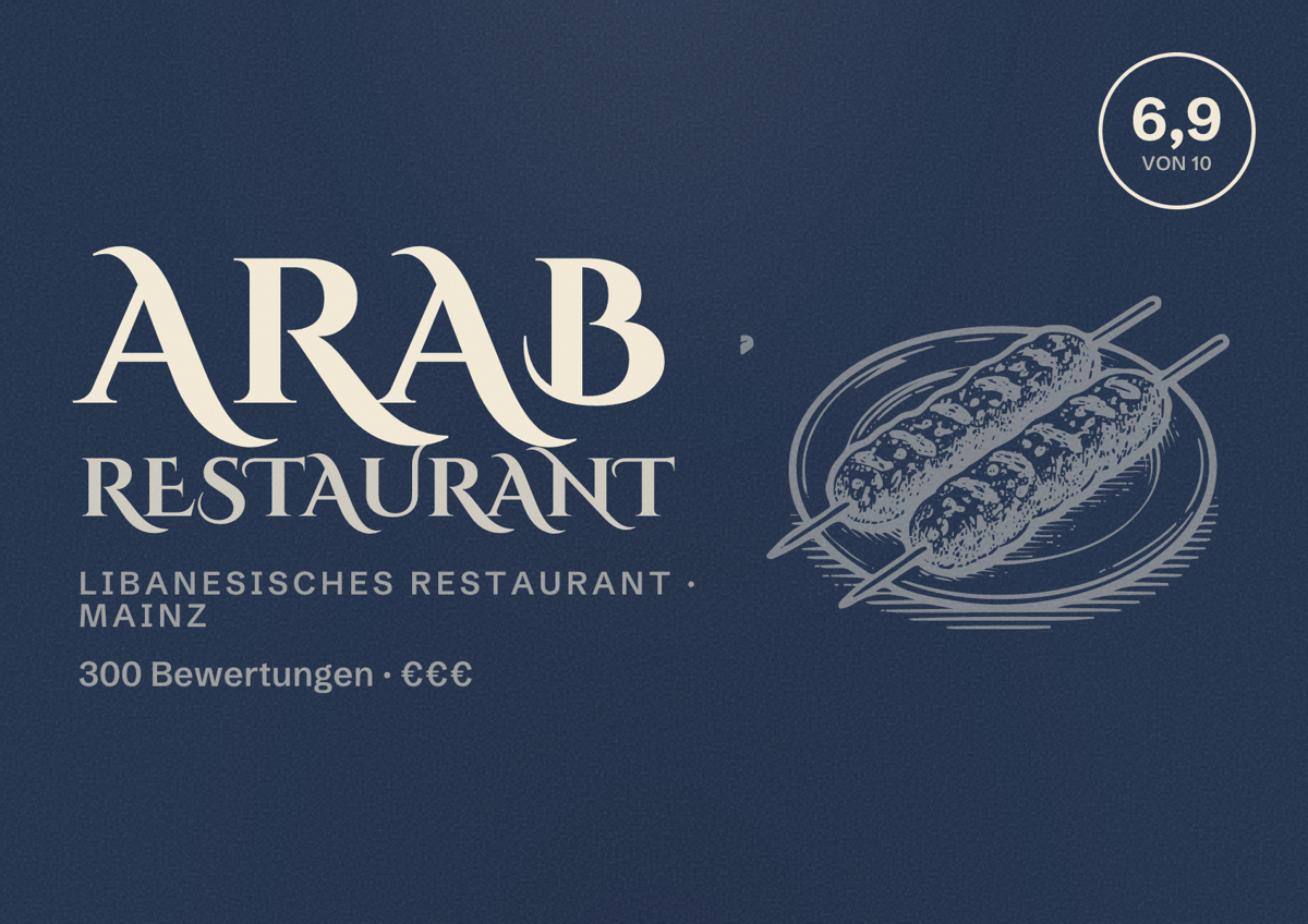 Illustriertes Poster von Arab restaurant, Libanesisches Restaurant in Mainz: Bewertung 6,9 von 10 aus 300 Bewertungen, Preisniveau €€€