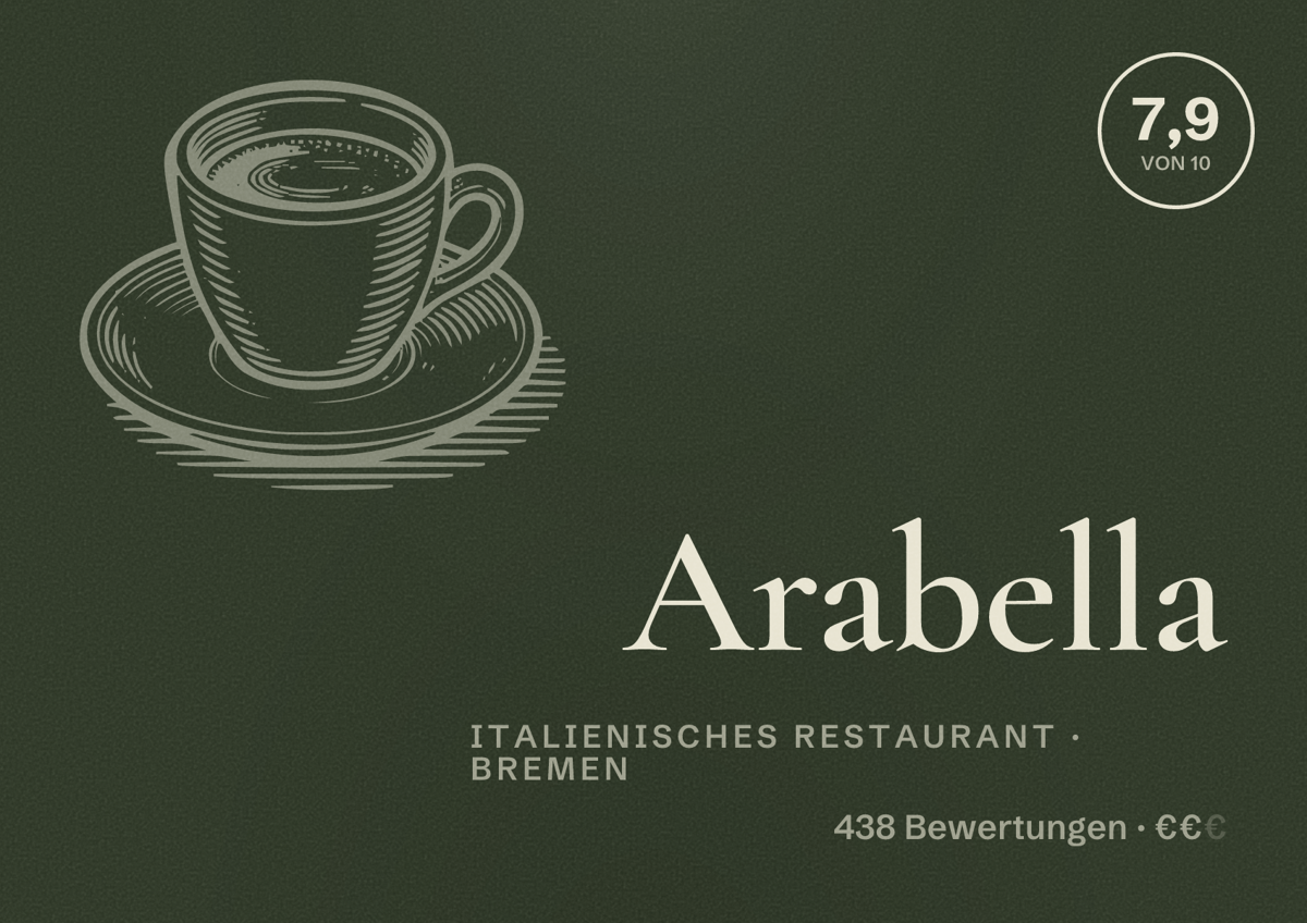 Illustriertes Poster von Arabella, Italienisches Restaurant in Bremen: Bewertung 7,9 von 10 aus 438 Bewertungen, Preisniveau €€