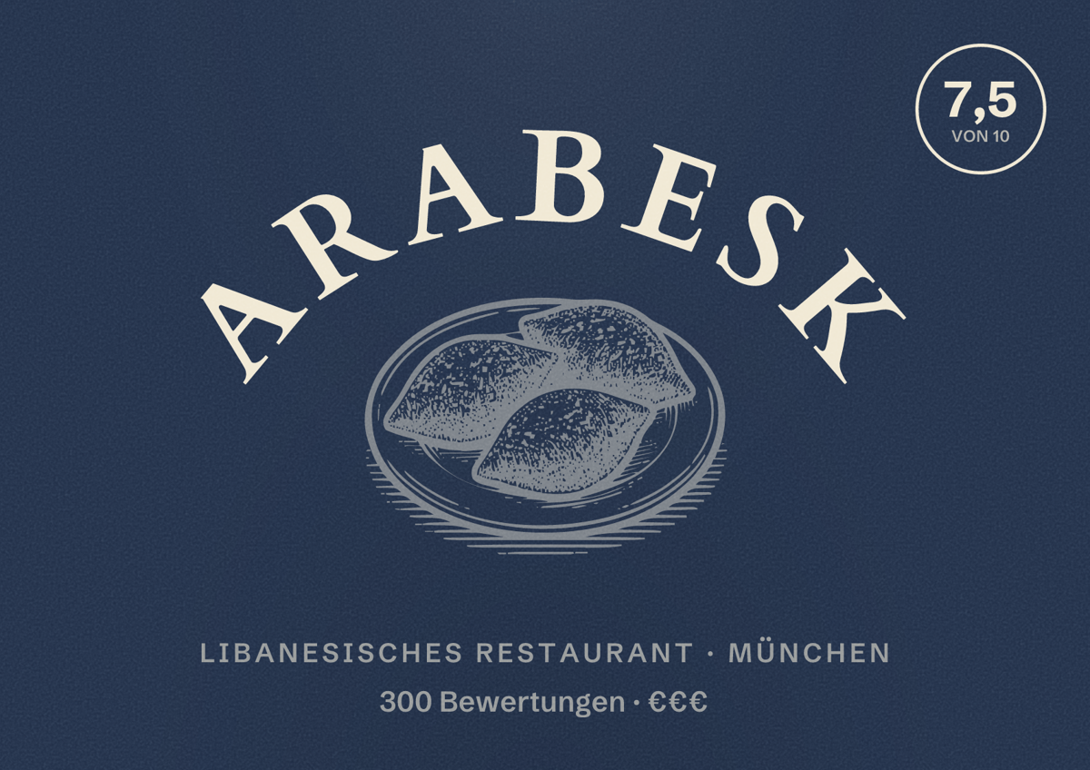Illustriertes Poster von Arabesk, Libanesisches Restaurant in München: Bewertung 7,5 von 10 aus 300 Bewertungen, Preisniveau €€€