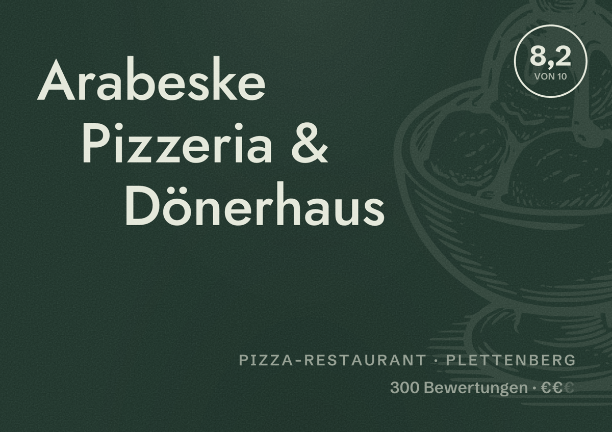 Illustriertes Poster von Arabeske Pizzeria & Dönerhaus, Pizza-Restaurant in Plettenberg: Bewertung 8,2 von 10 aus 300 Bewertungen, Preisniveau €€