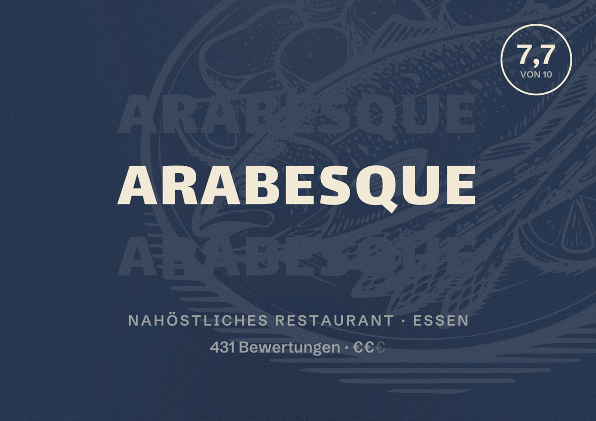 Illustriertes Poster von Arabesque, Nahöstliches Restaurant in Essen: Bewertung 7,7 von 10 aus 431 Bewertungen, Preisniveau €€