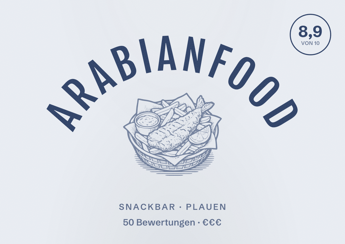 Illustriertes Poster von Arabianfood, Snackbar in Plauen: Bewertung 8,9 von 10 aus 50 Bewertungen, Preisniveau €€€