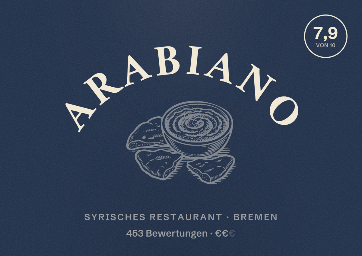 Illustriertes Poster von Arabiano, Syrisches Restaurant in Bremen: Bewertung 7,9 von 10 aus 453 Bewertungen, Preisniveau €€