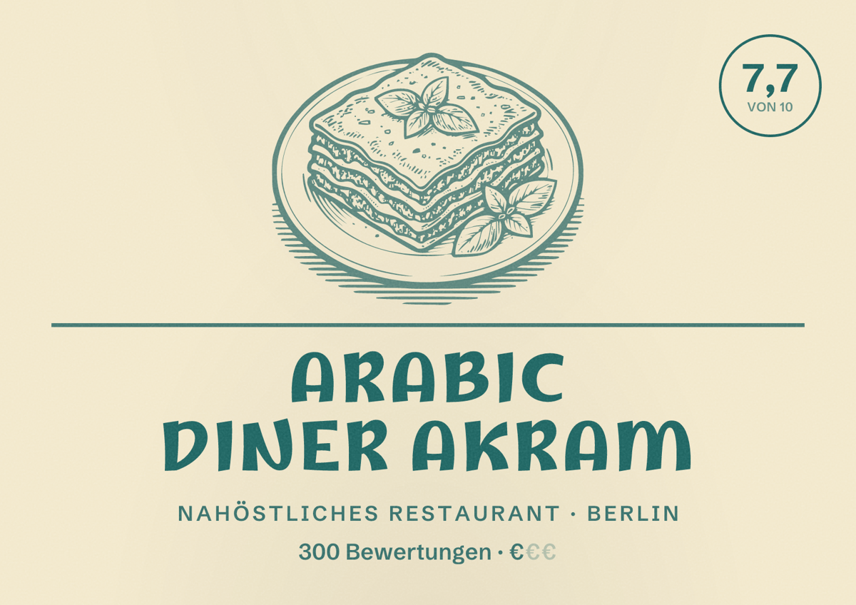 Illustriertes Poster von Arabic Diner AKRAM, Nahöstliches Restaurant in Berlin: Bewertung 7,7 von 10 aus 300 Bewertungen, Preisniveau €