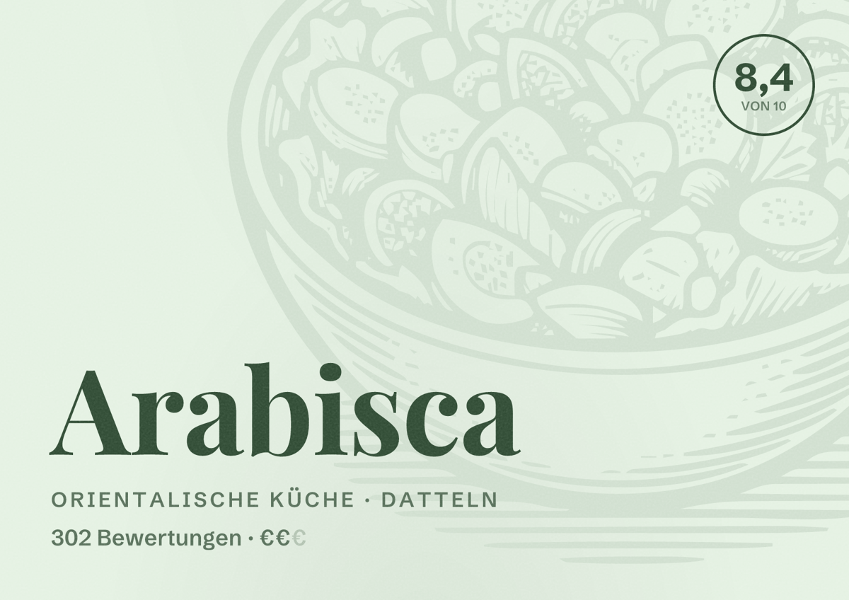 Illustriertes Poster von Arabisca, Orientalische Küche in Datteln: Bewertung 8,4 von 10 aus 302 Bewertungen, Preisniveau €€