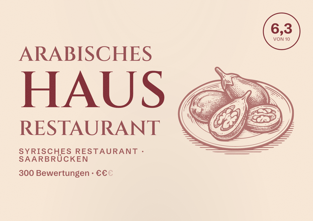 Illustriertes Poster von Arabisches haus restaurant, Syrisches Restaurant in Saarbrücken: Bewertung 6,3 von 10 aus 300 Bewertungen, Preisniveau €€