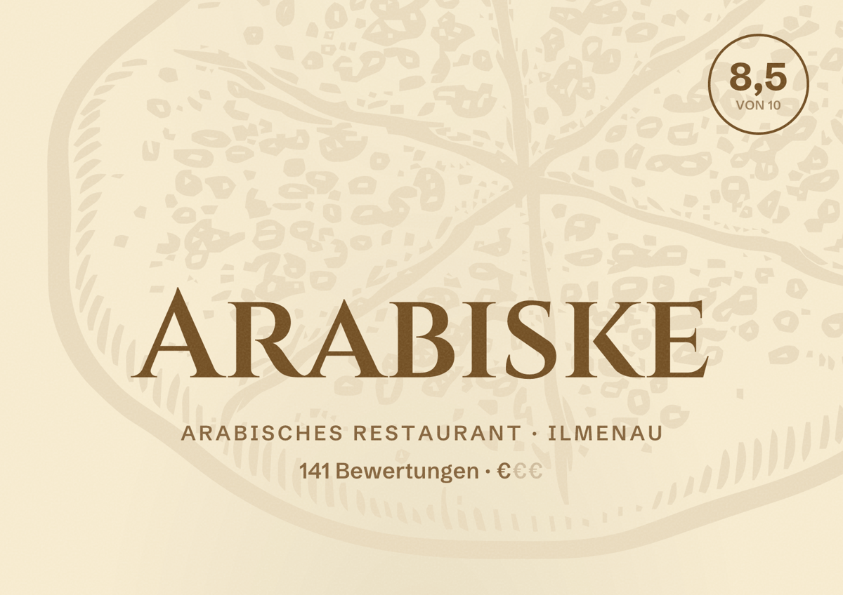 Illustriertes Poster von Arabiske, Arabisches Restaurant in Ilmenau: Bewertung 8,5 von 10 aus 141 Bewertungen, Preisniveau €