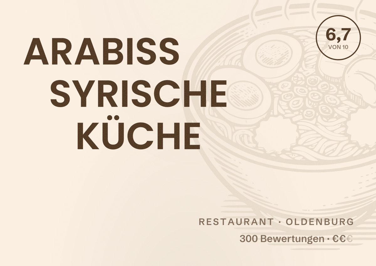 Illustriertes Poster von ARABISS SYRISCHE KÜCHE, Restaurant in Oldenburg: Bewertung 6,7 von 10 aus 300 Bewertungen, Preisniveau €€