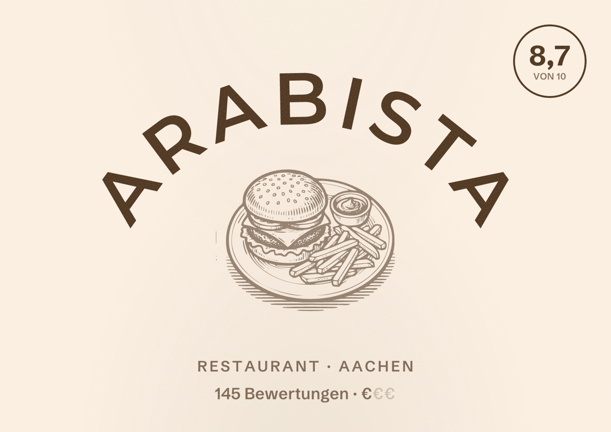 Illustriertes Poster von Arabista, Restaurant in Aachen: Bewertung 8,7 von 10 aus 145 Bewertungen, Preisniveau €