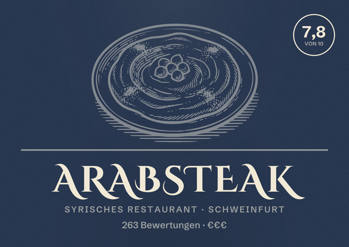 Illustriertes Poster von Arabsteak, Syrisches Restaurant in Schweinfurt: Bewertung 7,8 von 10 aus 263 Bewertungen, Preisniveau €€€