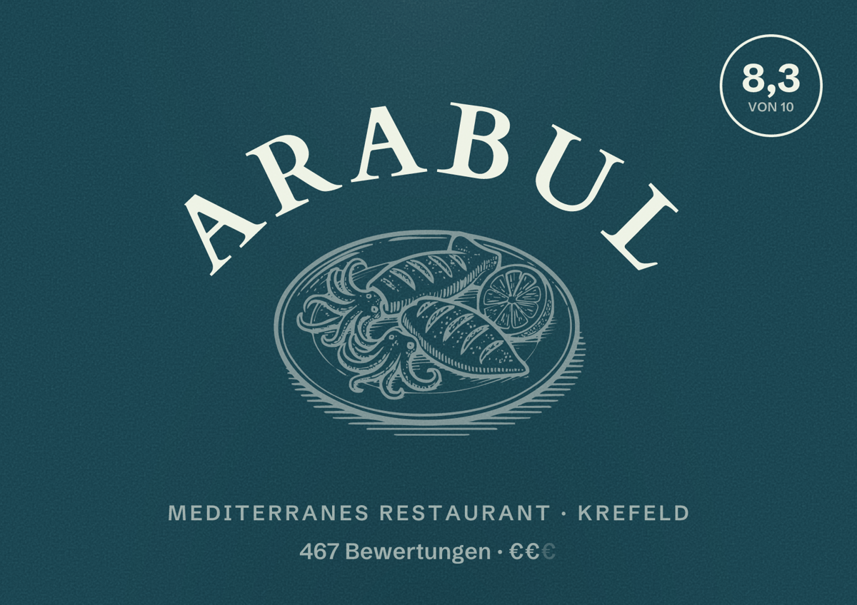 Illustriertes Poster von Arabul, Mediterranes Restaurant in Krefeld: Bewertung 8,3 von 10 aus 467 Bewertungen, Preisniveau €€