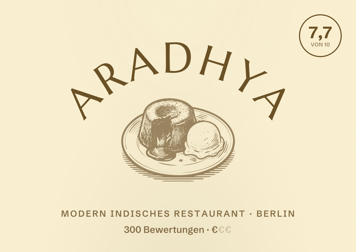 Illustriertes Poster von Aradhya, Modern indisches Restaurant in Berlin: Bewertung 7,7 von 10 aus 300 Bewertungen, Preisniveau €